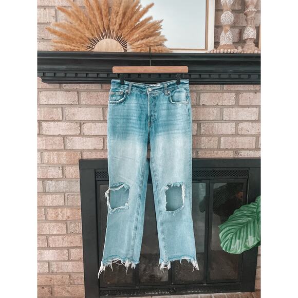 Free People Maggie Ripped Crop Baggy Jeans Size 26 Busted Knee Distressed - Picture 2 of 10